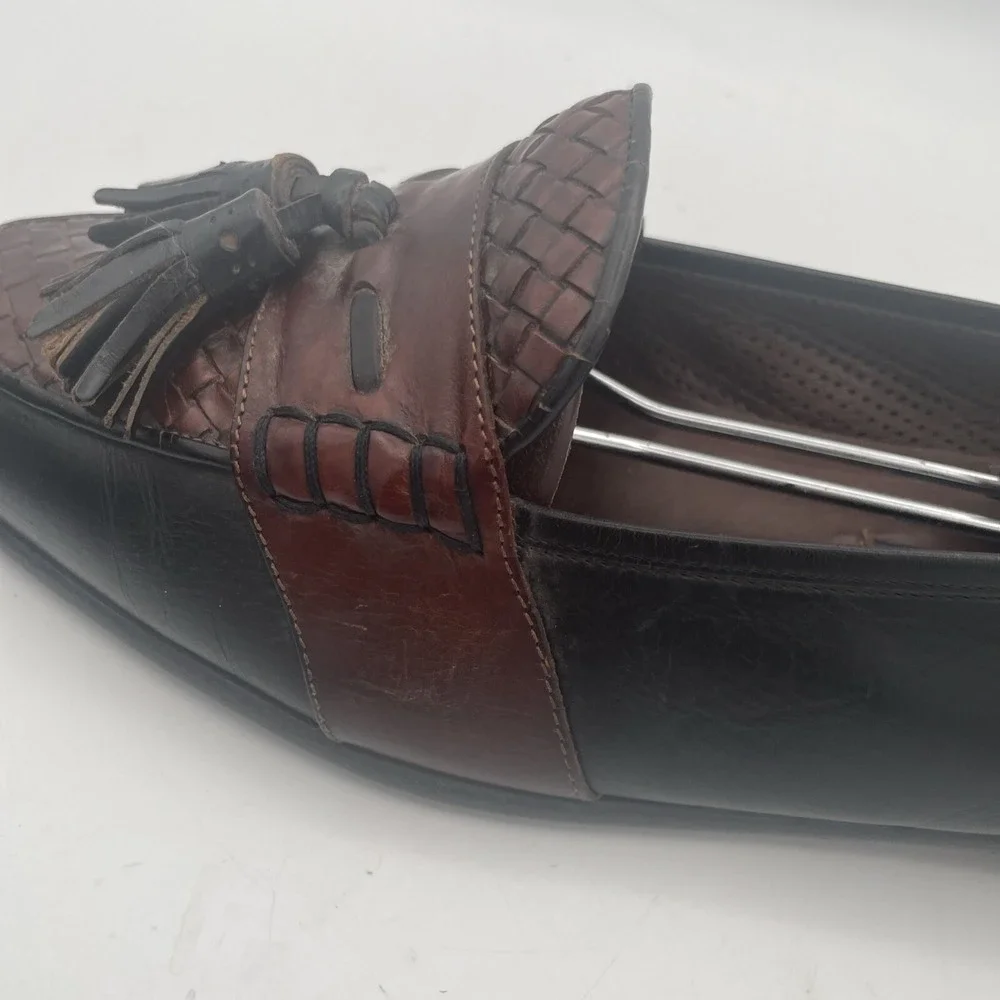 Bragano Mens Shoes Size 10M Black Brown Leather Full Strap Woven‎ Tassel Loafers